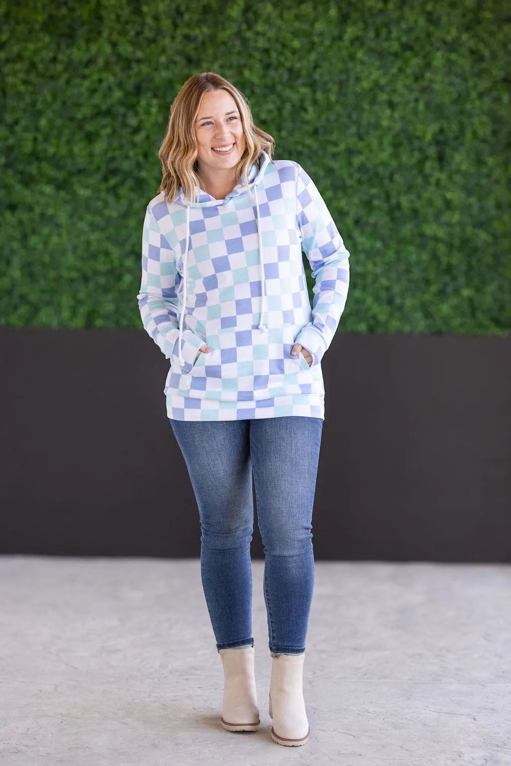 Hailey Pullover Hoodie - Blue and Mint Checker