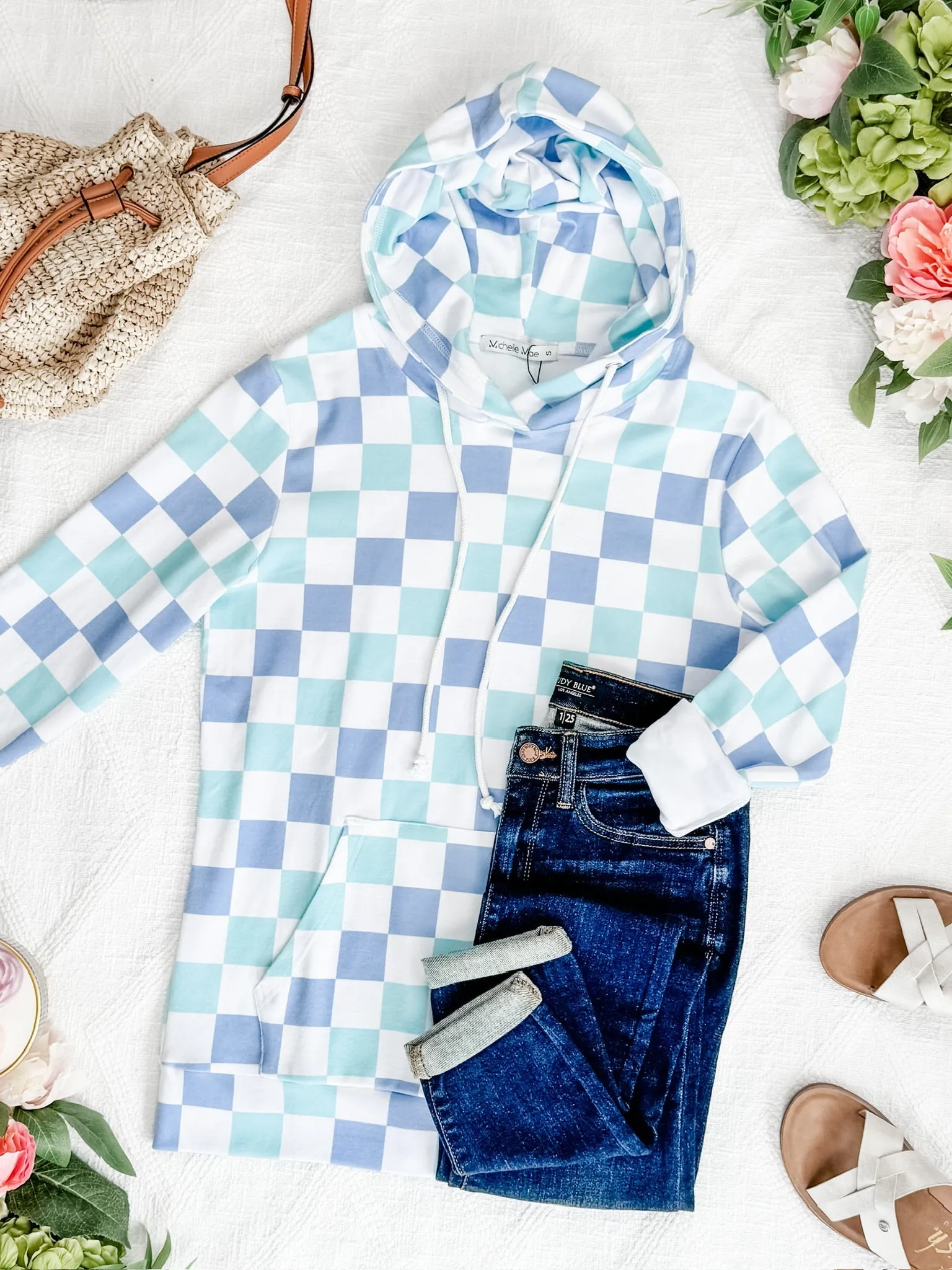 Hailey Pullover Hoodie - Blue and Mint Checker