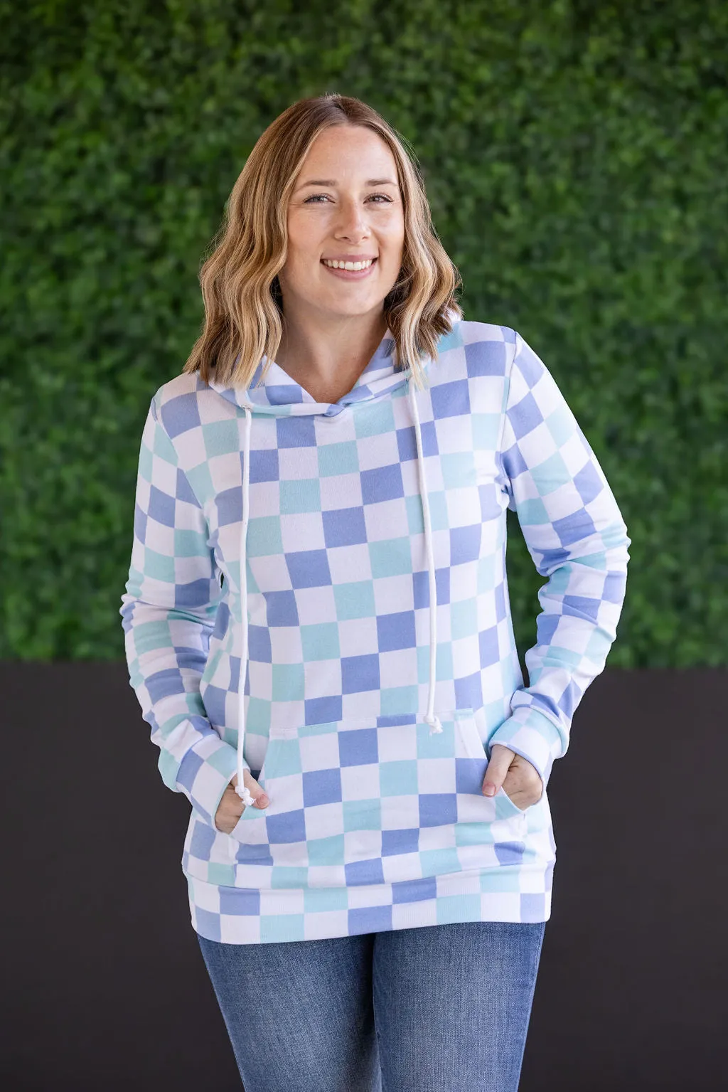 Hailey Pullover Hoodie - Blue and Mint Checker