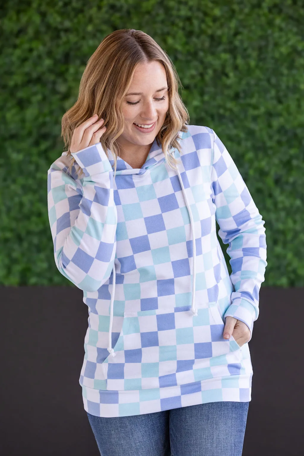 Hailey Pullover Hoodie - Blue and Mint Checker
