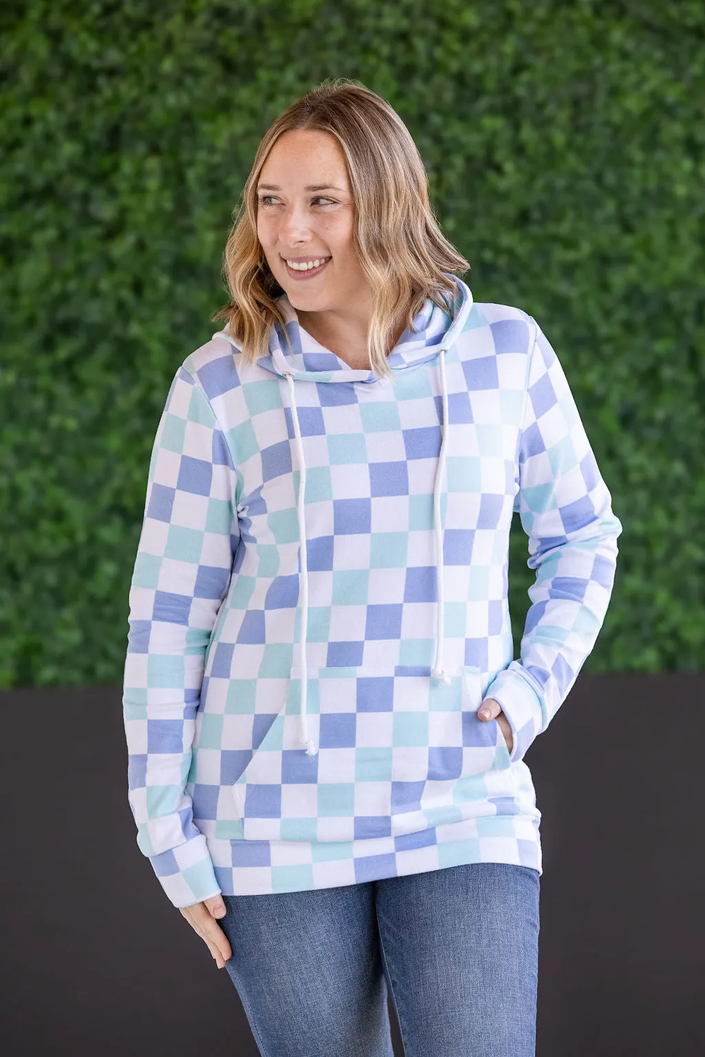 Hailey Pullover Hoodie - Blue and Mint Checker
