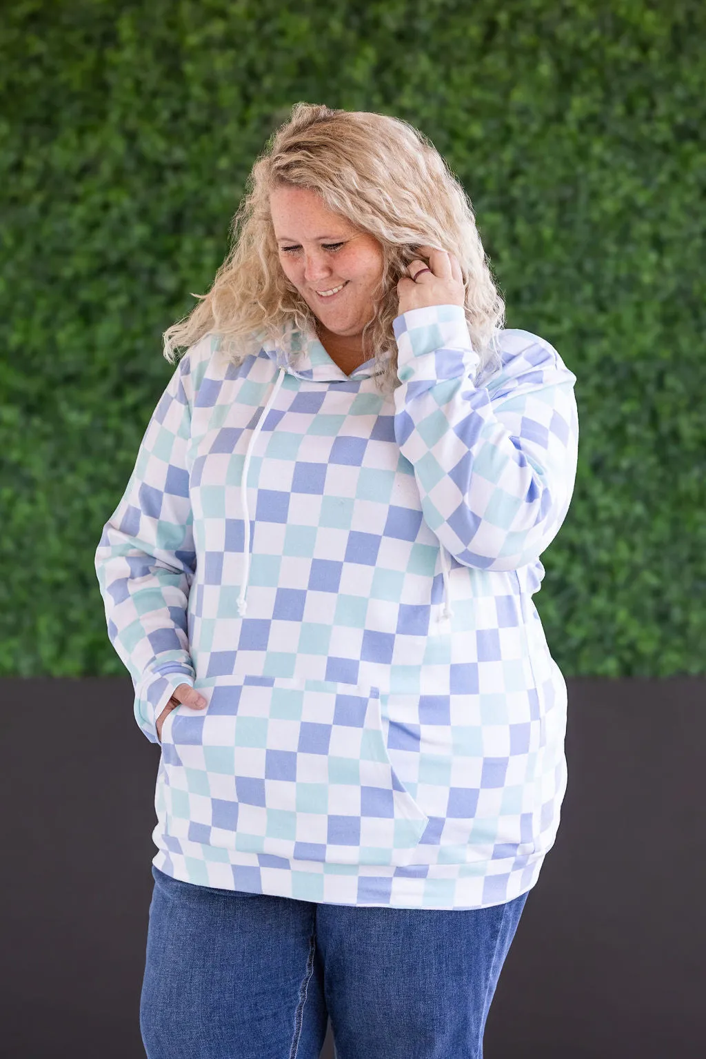 Hailey Pullover Hoodie - Blue and Mint Checker