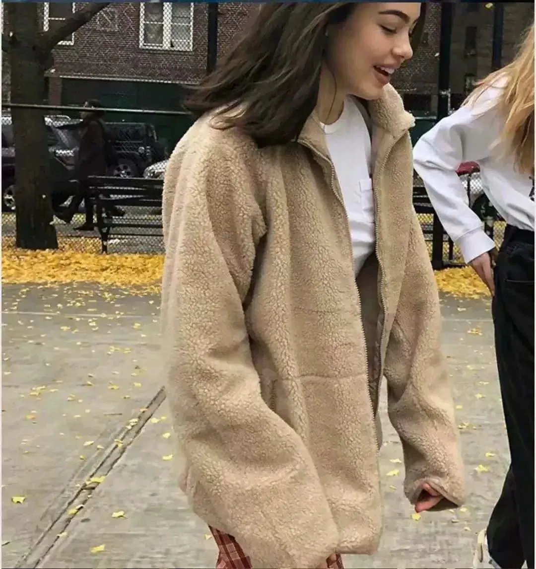 Half High Collar Zipper Lamb Wool Outerwear