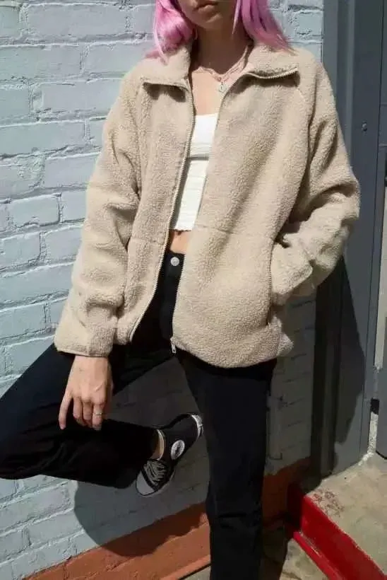 Half High Collar Zipper Lamb Wool Outerwear
