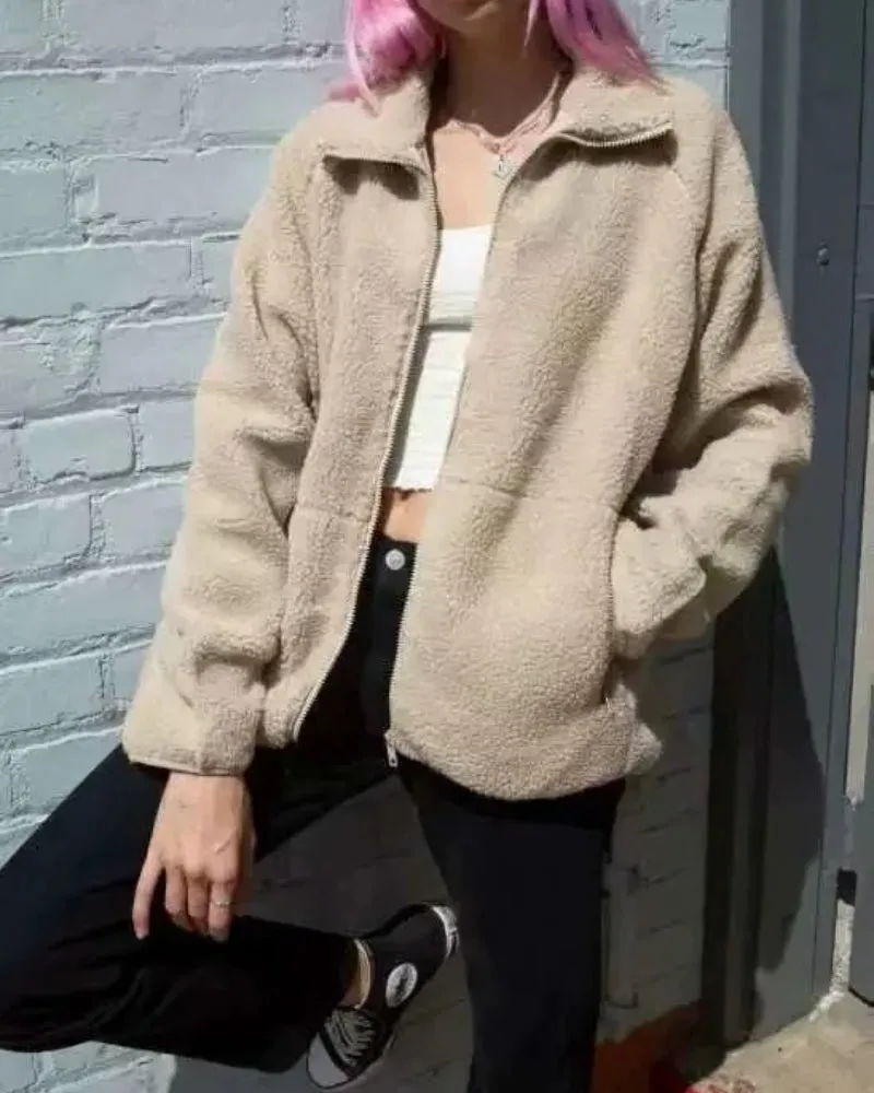 Half High Collar Zipper Lamb Wool Outerwear