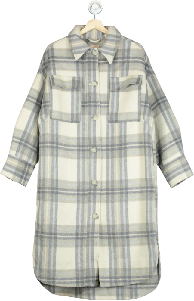 H&M Blue/White Plaid Wool-Blend Long Coat XS