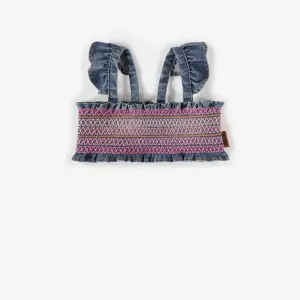 Haut court à bretelles bleu en denim extensible, bébé || Blue stretch denim short tank top, baby