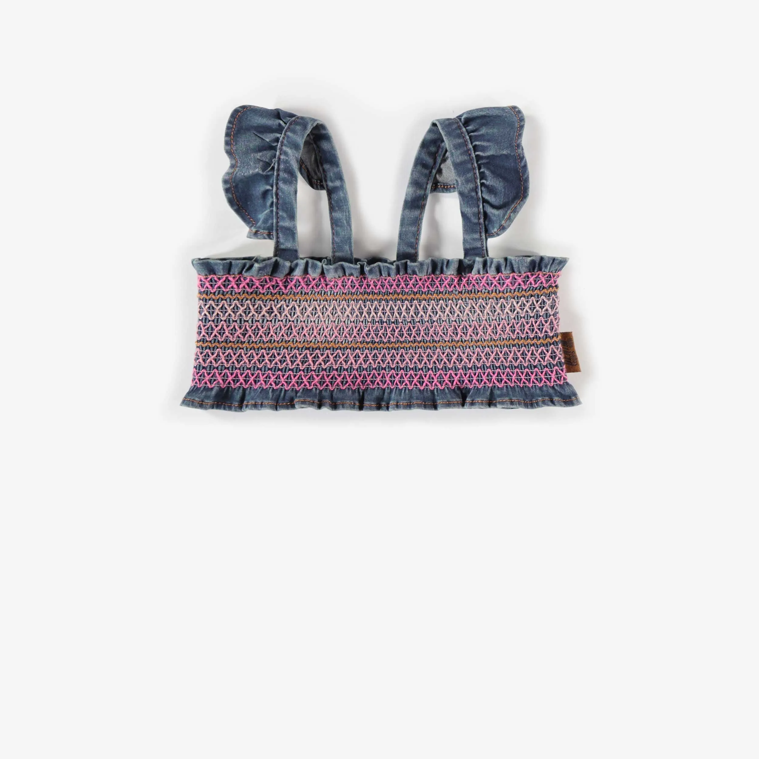 Haut court à bretelles bleu en denim extensible, bébé || Blue stretch denim short tank top, baby