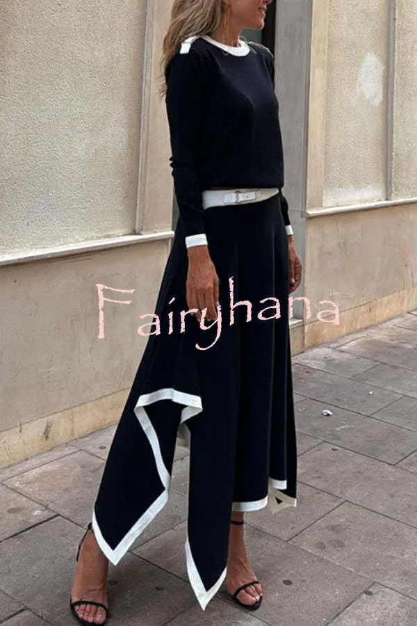 Kadie Colorblock Elastic Waist Buckle Detail Irregular Hem Maxi Skirt