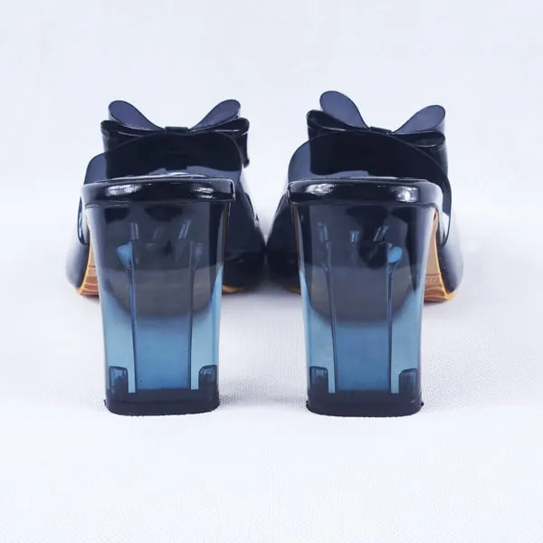 Kalysta Black Patent Clear Block Heel Mules