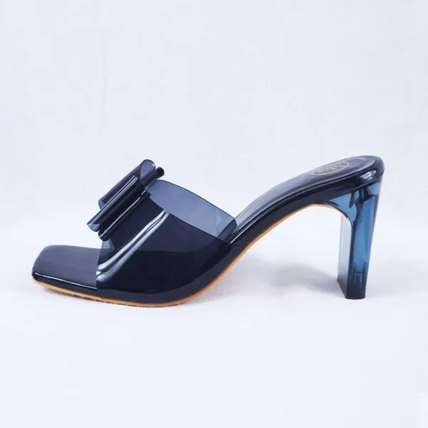 Kalysta Black Patent Clear Block Heel Mules