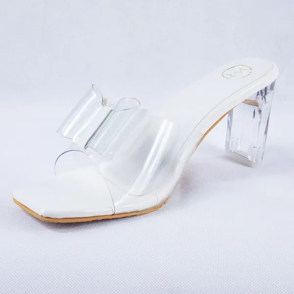 Kalysta White Patent Clear Block Heel Mules