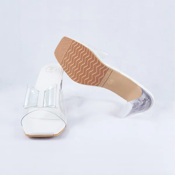 Kalysta White Patent Clear Block Heel Mules
