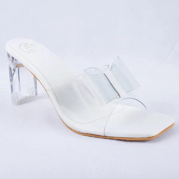Kalysta White Patent Clear Block Heel Mules
