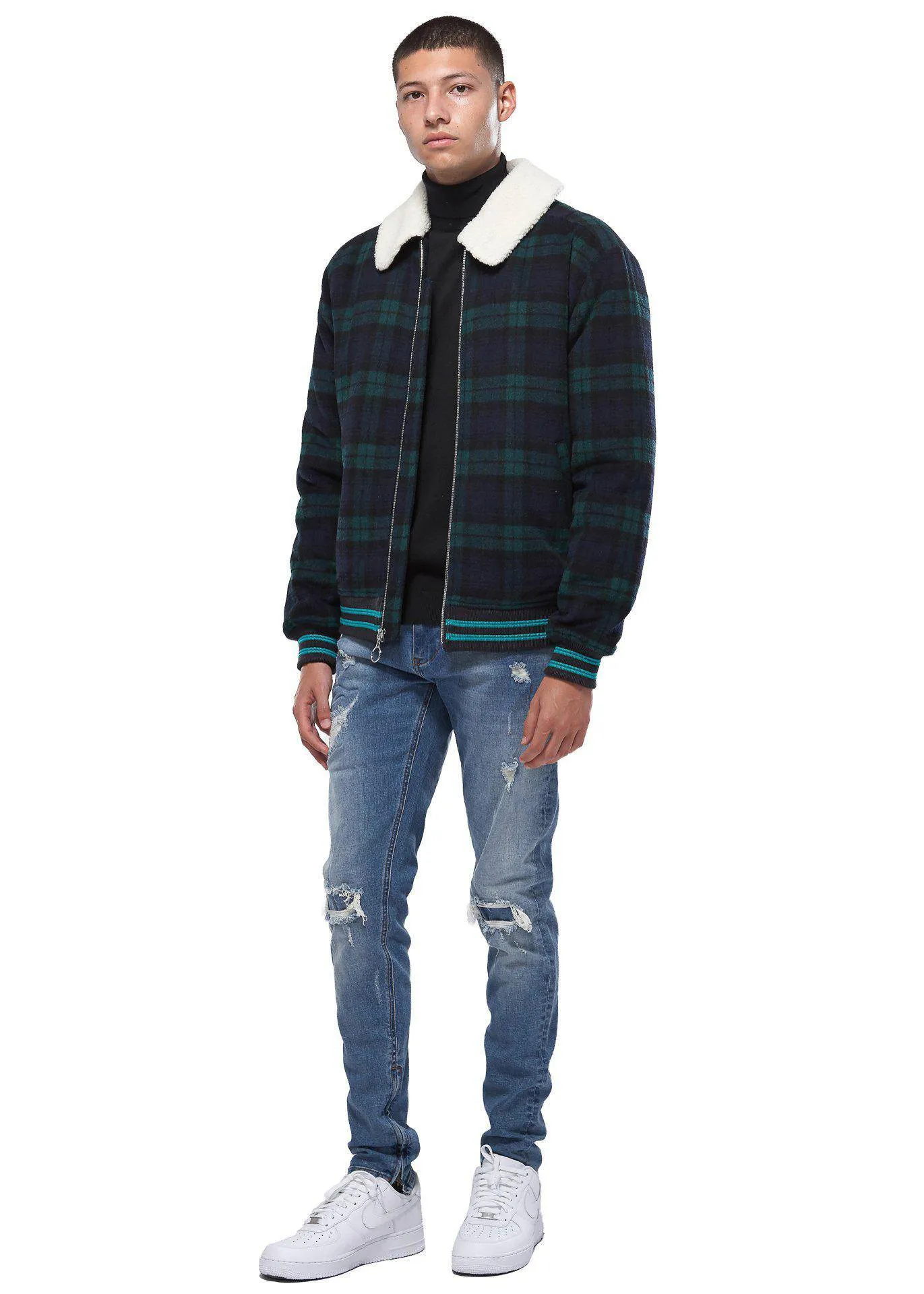 Konus Men's Wool Blend Plaid Jacket with Sherpa Collar in Green