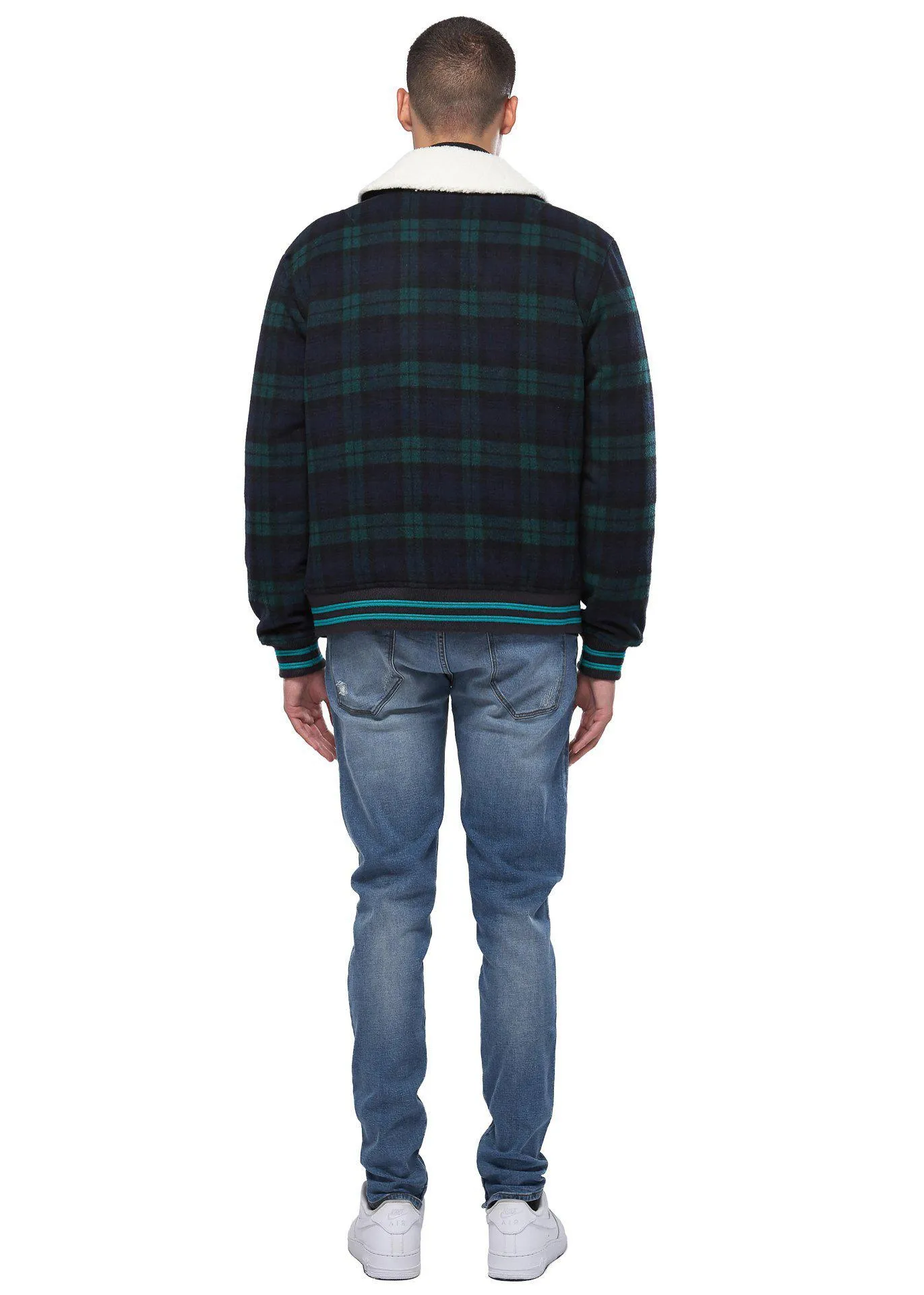 Konus Men's Wool Blend Plaid Jacket with Sherpa Collar in Green