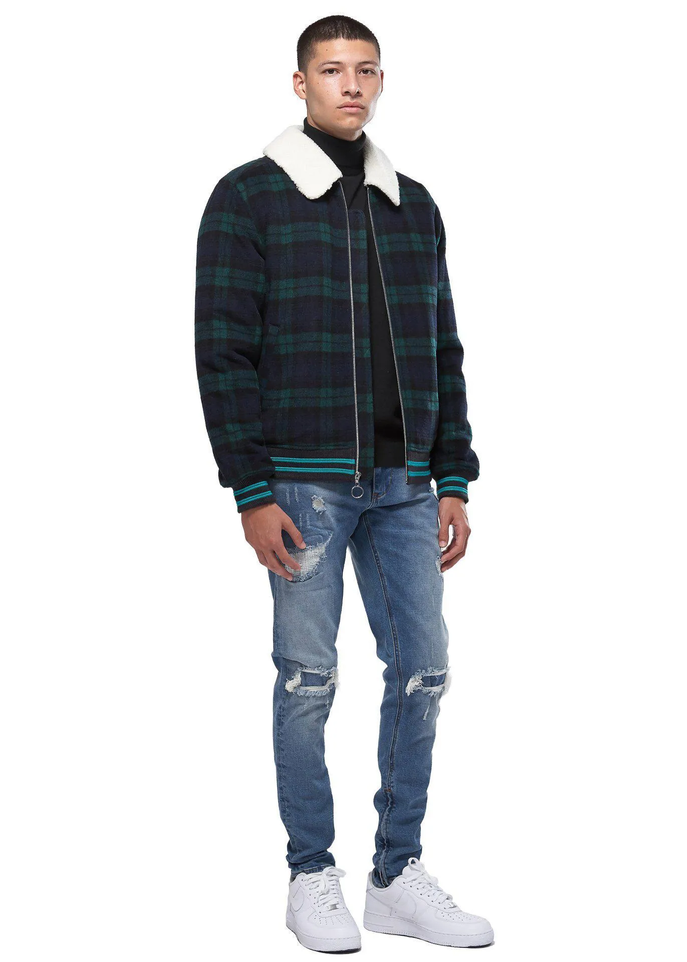 Konus Men's Wool Blend Plaid Jacket with Sherpa Collar in Green