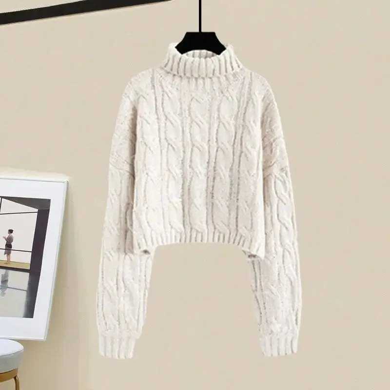 Korean High Neck Knitted Sweater & High Waist Long Skirts Autumn Wear