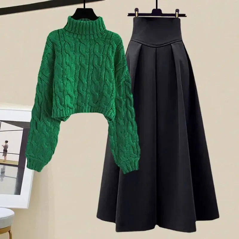 Korean High Neck Knitted Sweater & High Waist Long Skirts Autumn Wear