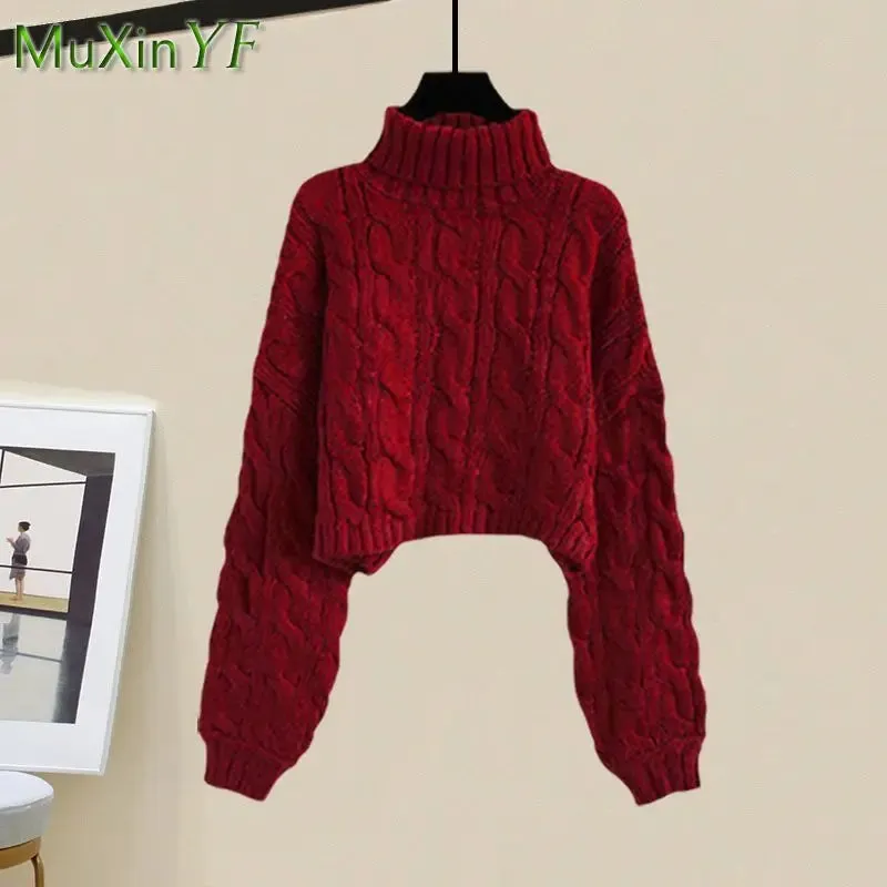 Korean High Neck Knitted Sweater & High Waist Long Skirts Autumn Wear