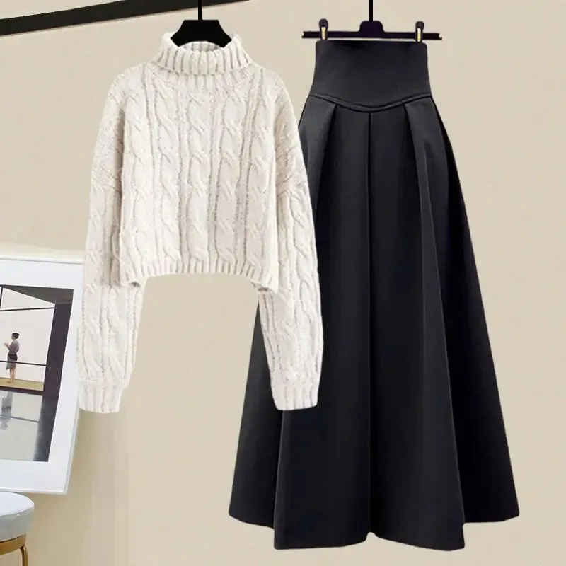 Korean High Neck Knitted Sweater & High Waist Long Skirts Autumn Wear