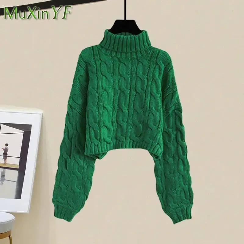 Korean High Neck Knitted Sweater & High Waist Long Skirts Autumn Wear