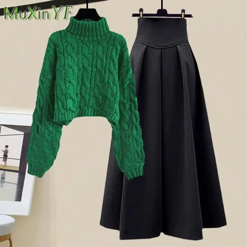 Korean High Neck Knitted Sweater & High Waist Long Skirts Autumn Wear