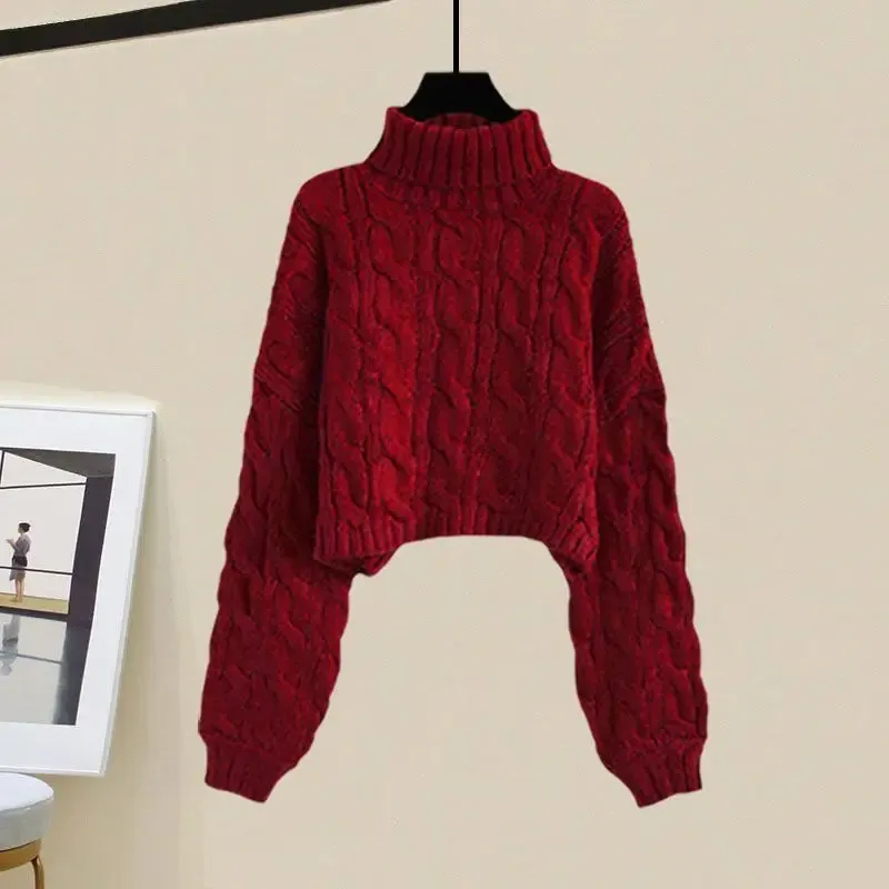 Korean High Neck Knitted Sweater & High Waist Long Skirts Autumn Wear