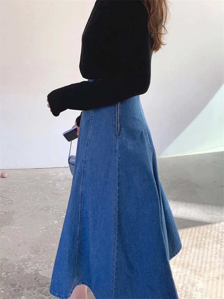 Korean Style Plus Size Ladies Blue Denim Skirts