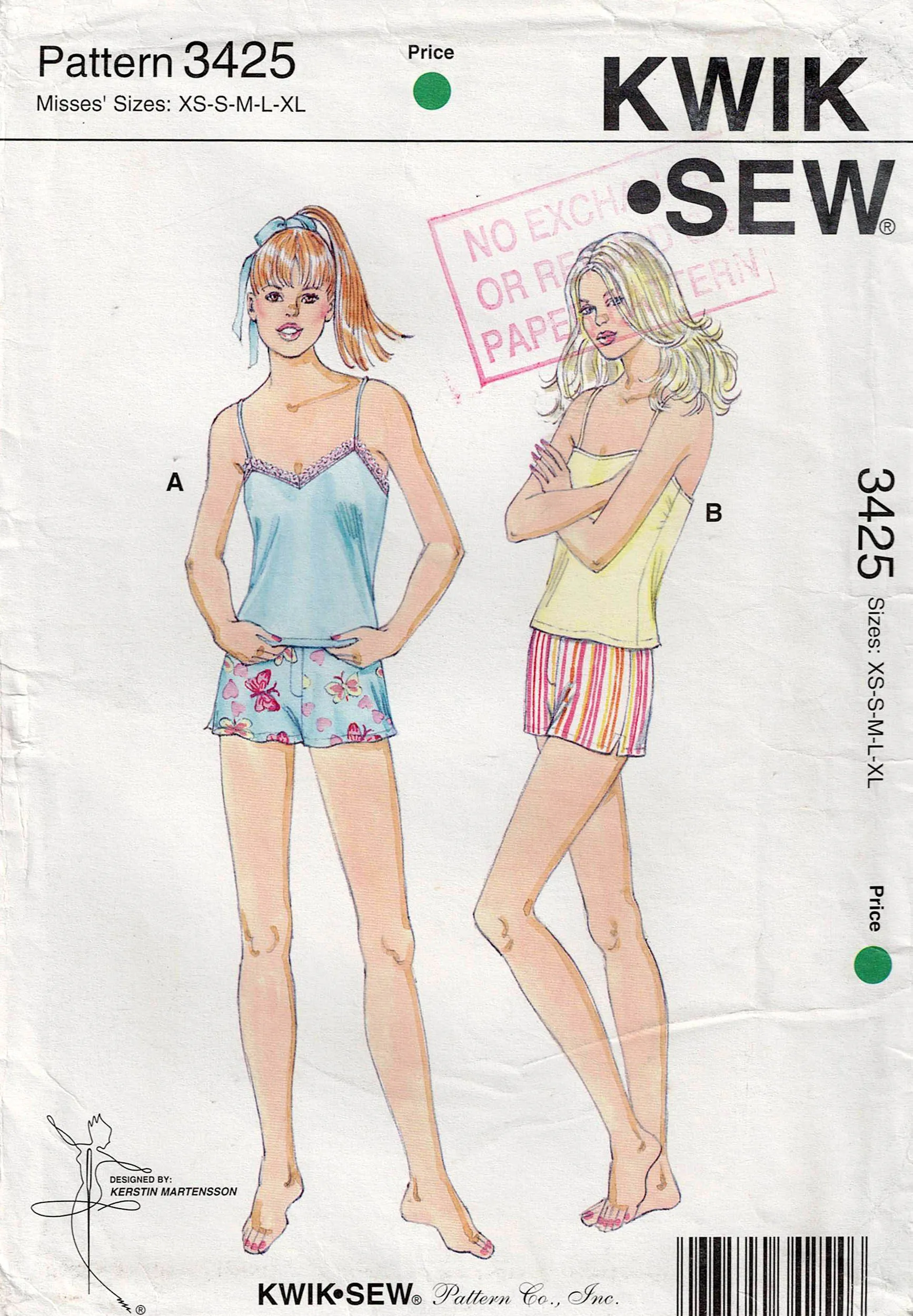 Kwik Sew 3425 Womens Sleepwear Camisoles & Shorts Out Of Print Sewing Pattern Size XS - XL UNCUT Factory Folded