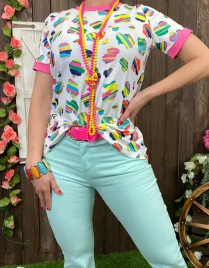 L, XL, 2X, 3X>>WHITE MULTI COLOR PAINT DESIGN