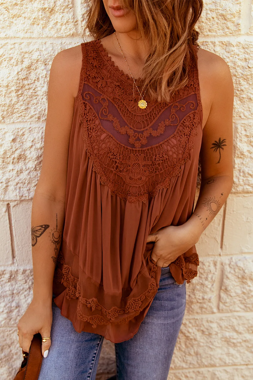 Lace Detail Buttons Back Sleeveless Top