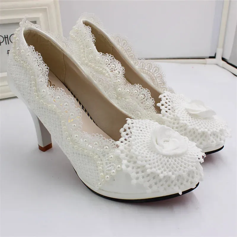 Lace wedding shoes  White wedding dress waterproof platform leather shoes