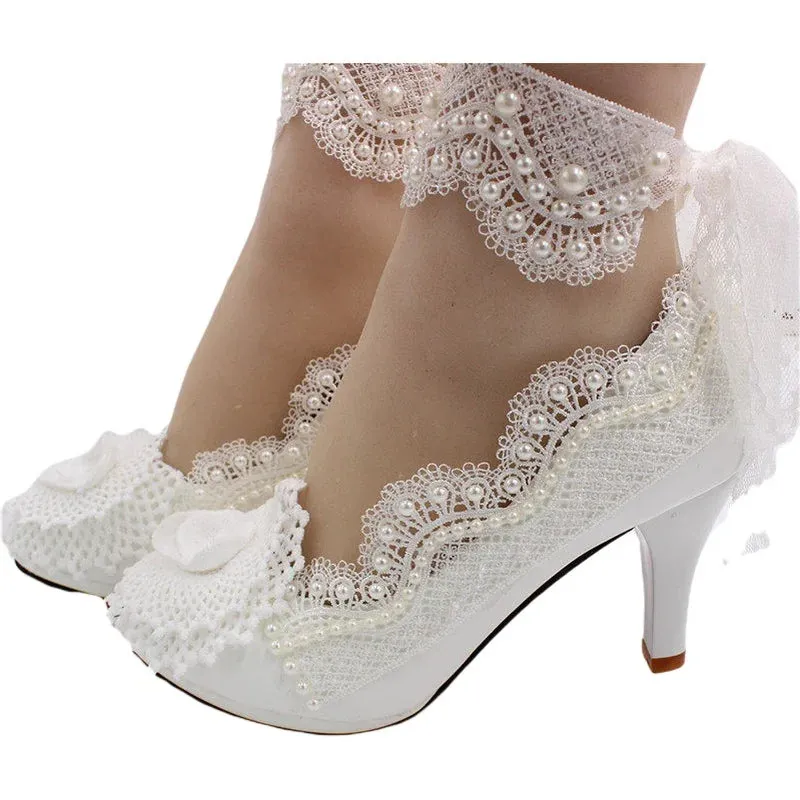 Lace wedding shoes  White wedding dress waterproof platform leather shoes