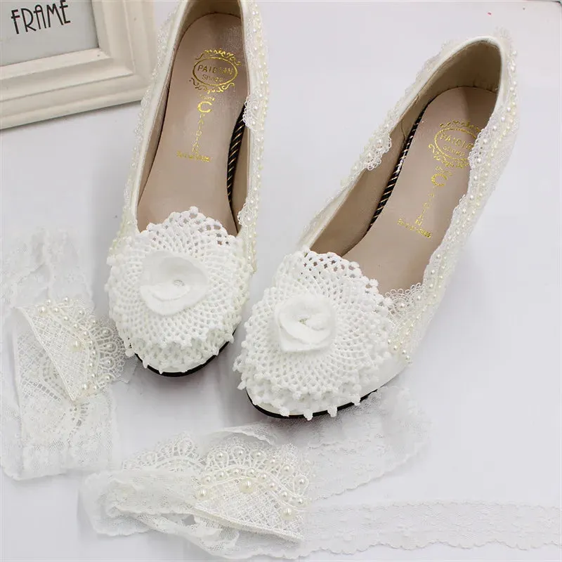 Lace wedding shoes  White wedding dress waterproof platform leather shoes