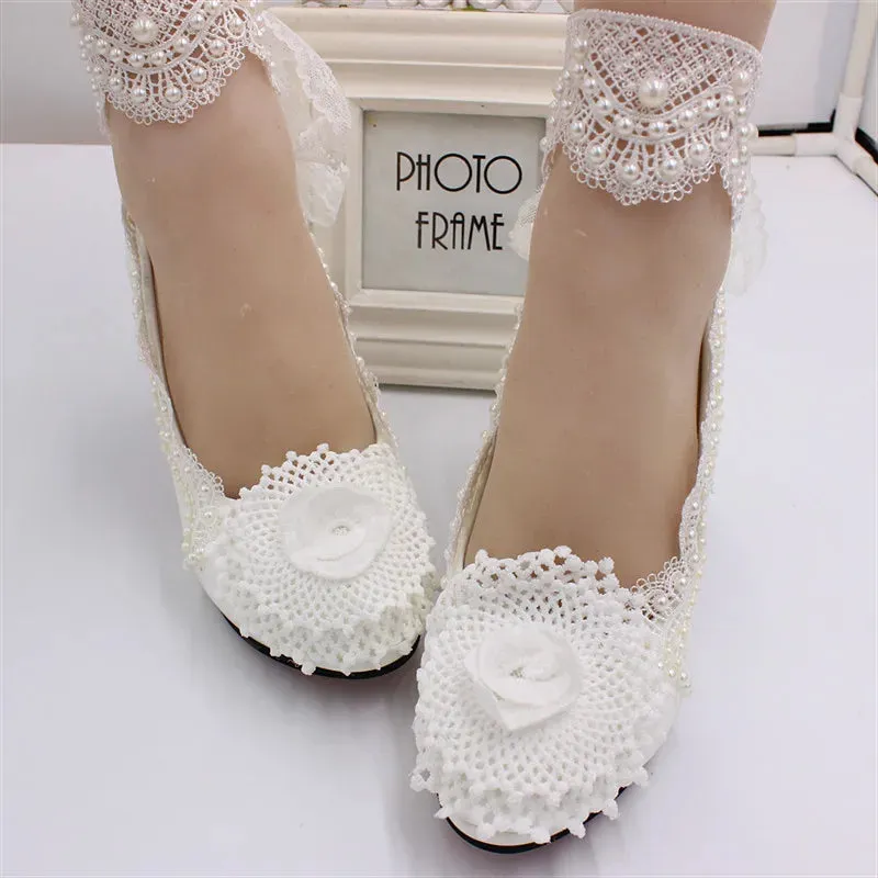 Lace wedding shoes  White wedding dress waterproof platform leather shoes