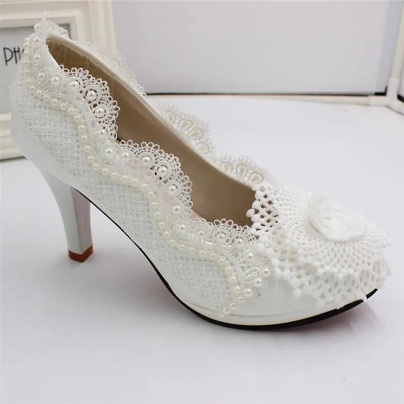 Lace wedding shoes  White wedding dress waterproof platform leather shoes