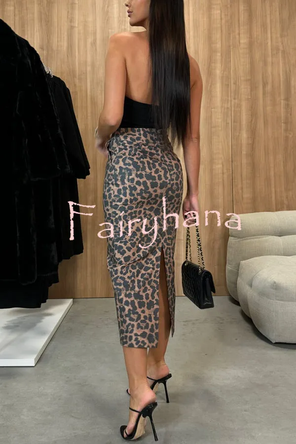 Lindsey Faux Leather High Rise Pocketed Slit Stretch Midi Skirt