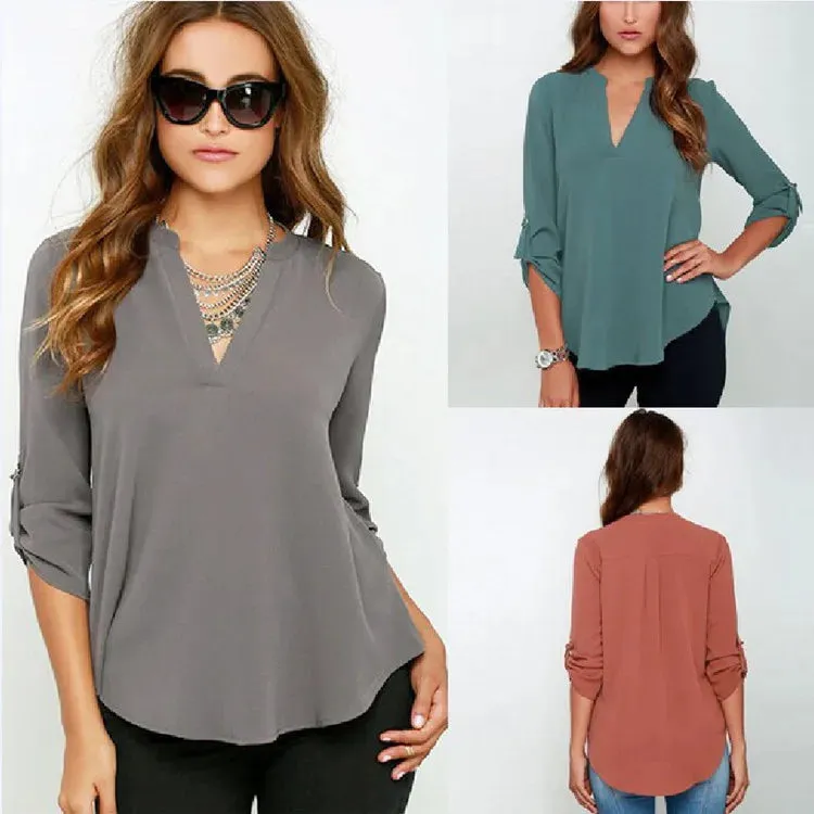 Long Sleeve V-neck Ruffled Chiffon Plus Size Tunic Clothing