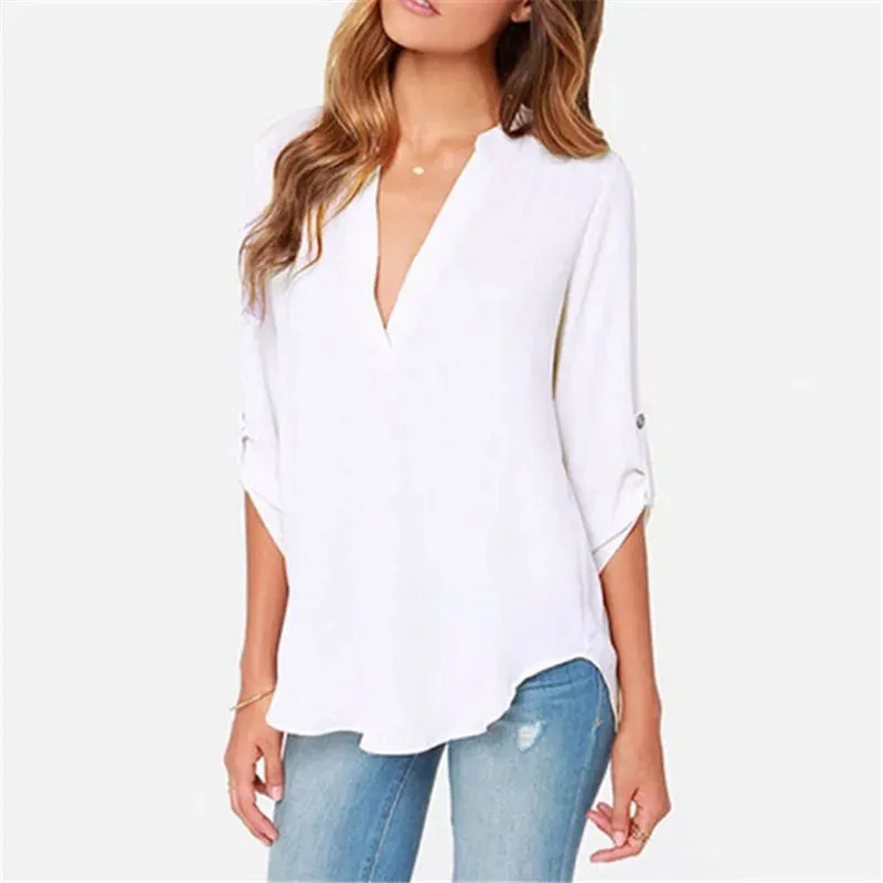 Long Sleeve V-neck Ruffled Chiffon Plus Size Tunic Clothing