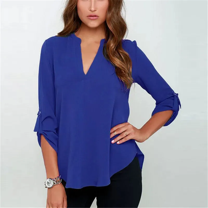 Long Sleeve V-neck Ruffled Chiffon Plus Size Tunic Clothing