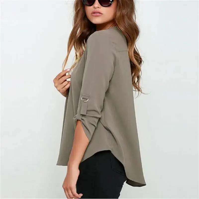 Long Sleeve V-neck Ruffled Chiffon Plus Size Tunic Clothing