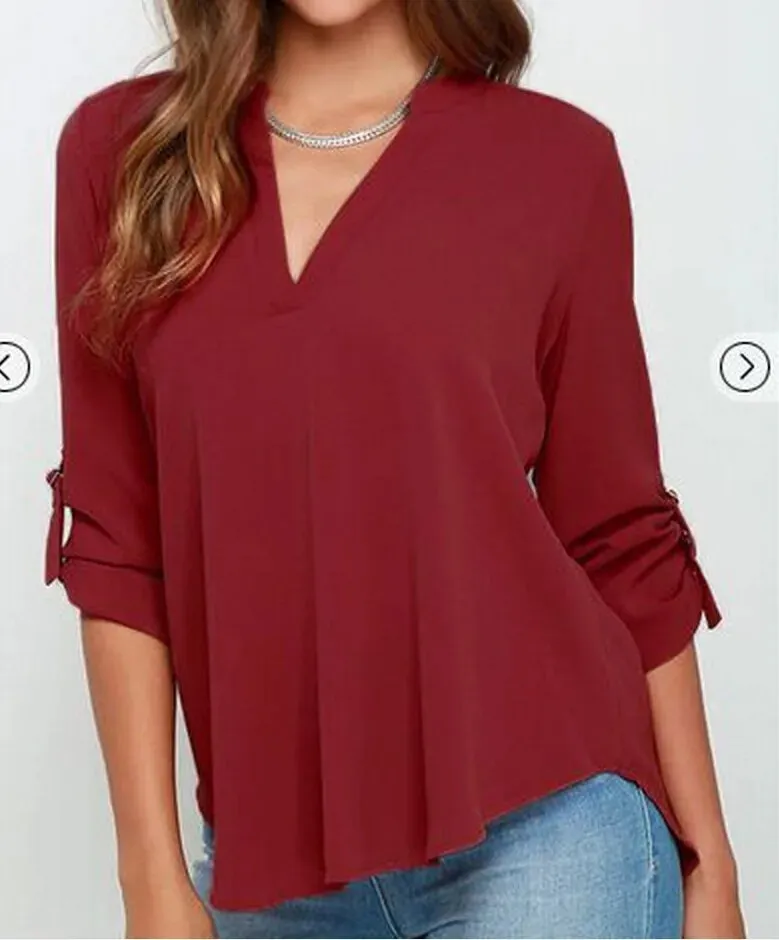 Long Sleeve V-neck Ruffled Chiffon Plus Size Tunic Clothing
