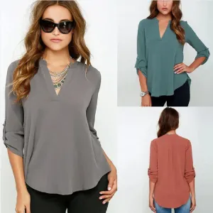 Long Sleeve V-neck Ruffled Chiffon Plus Size Tunic Clothing