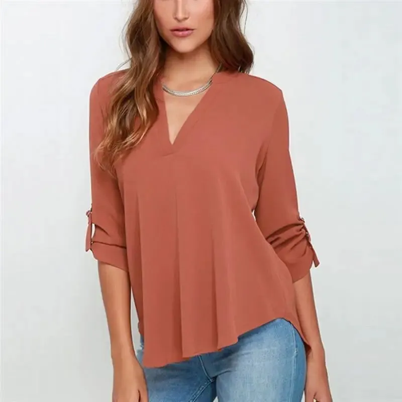Long Sleeve V-neck Ruffled Chiffon Plus Size Tunic Clothing