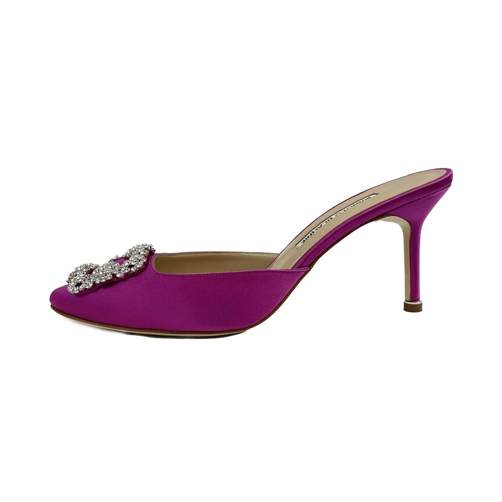 Manolo Blahnik-Hangisimu satin crystal buckle mules-38 1/2 EU, US 7.5-Shoes