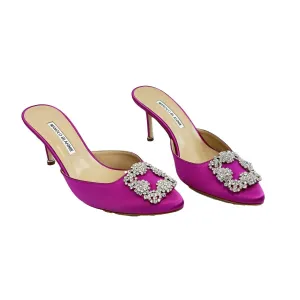 Manolo Blahnik-Hangisimu satin crystal buckle mules-38 1/2 EU, US 7.5-Shoes