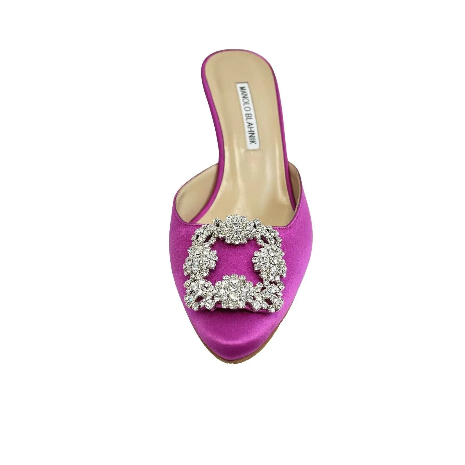 Manolo Blahnik-Hangisimu satin crystal buckle mules-38 1/2 EU, US 7.5-Shoes