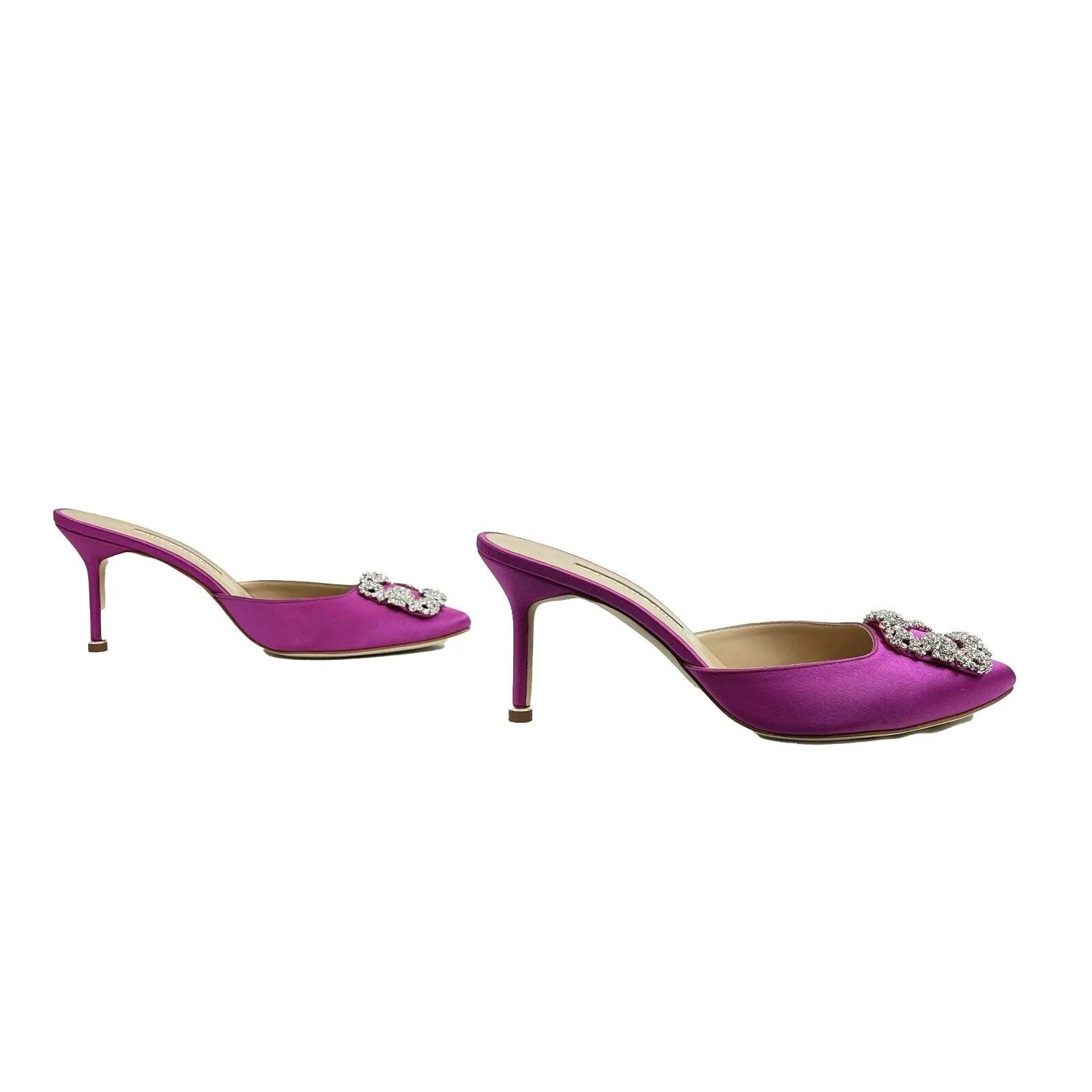Manolo Blahnik-Hangisimu satin crystal buckle mules-38 1/2 EU, US 7.5-Shoes