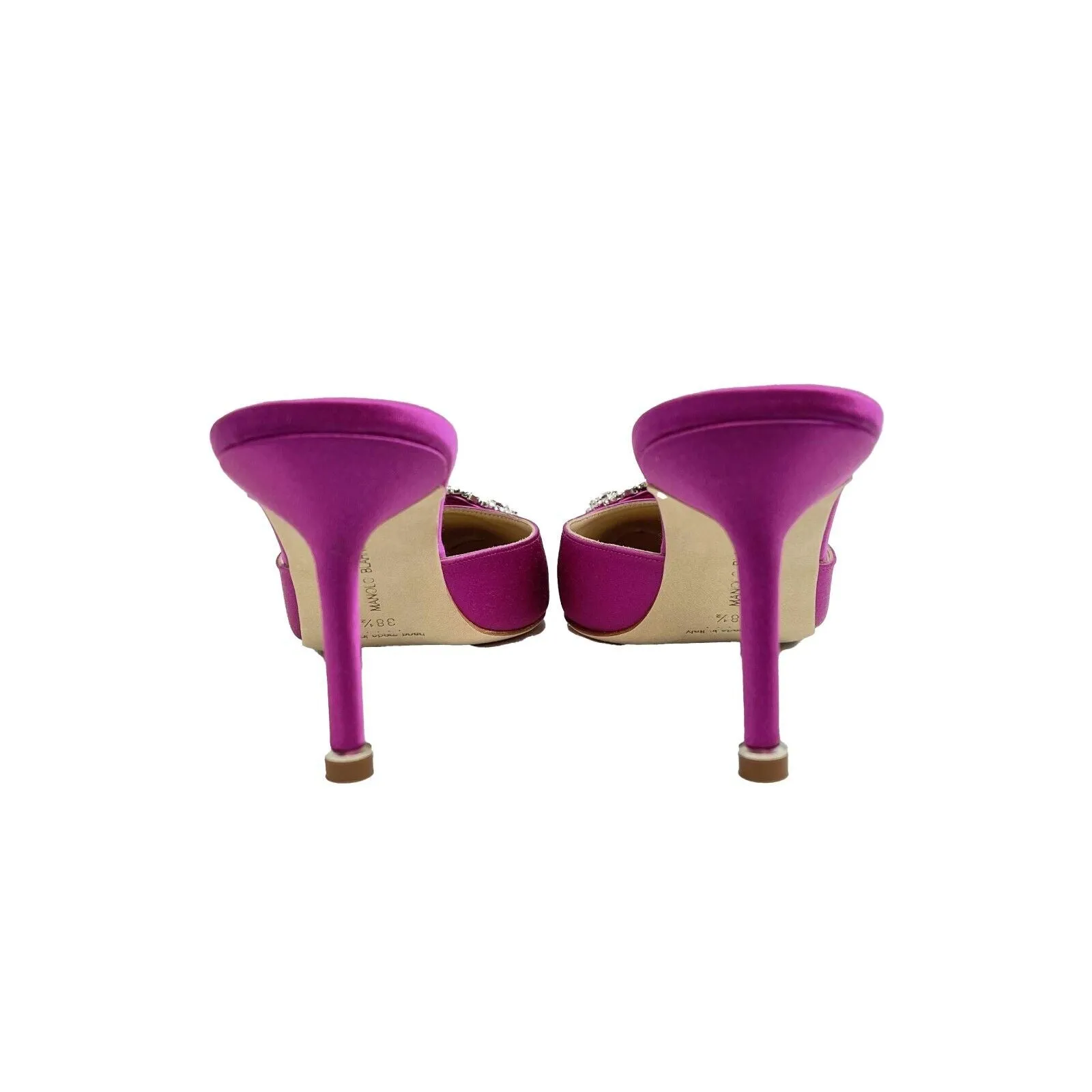 Manolo Blahnik-Hangisimu satin crystal buckle mules-38 1/2 EU, US 7.5-Shoes